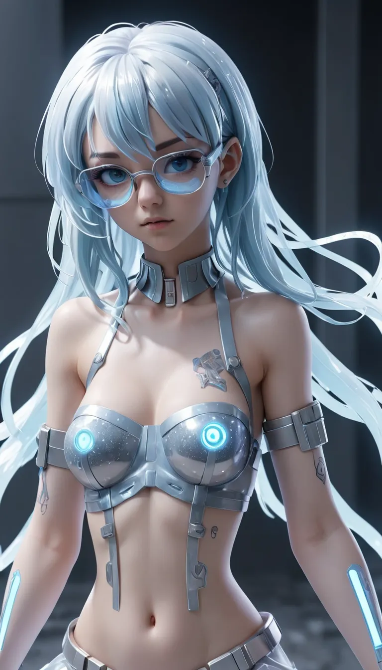 3d anime,future,cyberpunk,transparent,light blue hair,white,glitter,silver,3d anime,full body