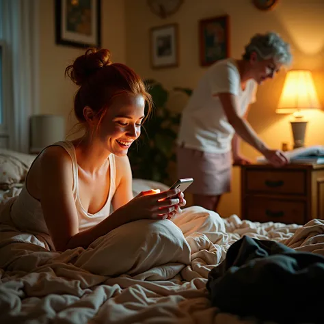 In a cozy, cluttered bedroom, warm light glows softly. A 19-year-old woman with red hair in a sleek bun lies on her bed, scrolling through her phone. She wears a white tank top and smiles, fully absorbed in her screen.

The room is messy—clothes on the flo...