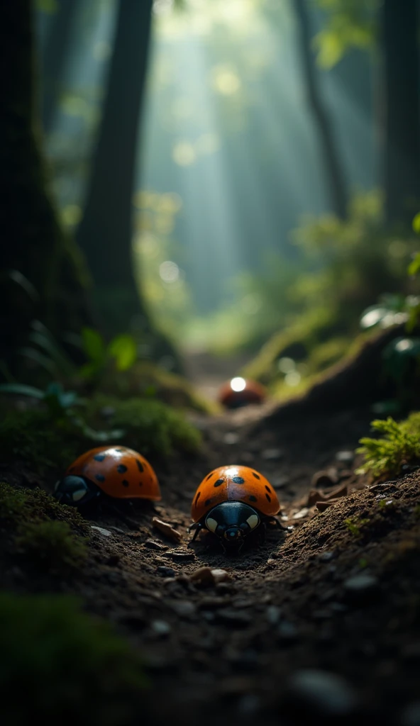   Real Pictures 、Deep Dark Forest 、  rays shining in from above  、Aim for that light  、 ladybugs walk   、Close-up from directly behind 、 Low Angle、 realistic ladybugs 、A single photo