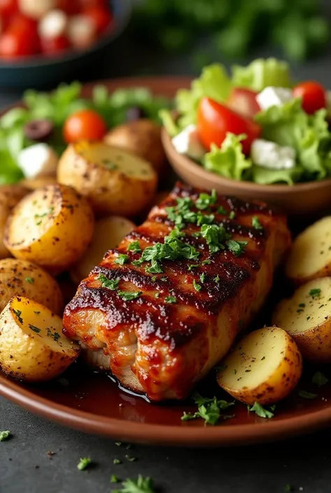 Pork bondiola glazed with baked potatoes and Greek salad.