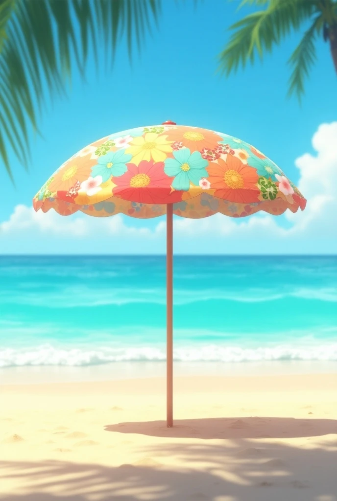 A beach umbrella with a floral design set up on a tropical beach with gentle waves and a distant horizon
