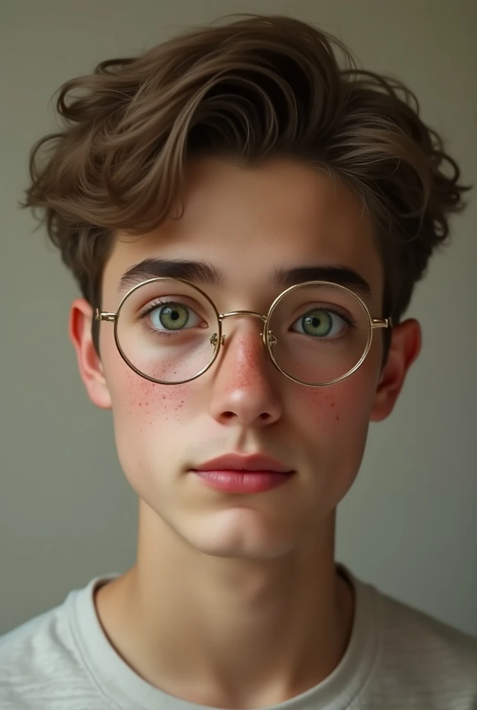  the fair-skinned young man with almost transparent freckles, light brown hair wavy at the ends , oval face,  thick eyebrows and green eyes who wear round gold glasses.
A realistic image! 