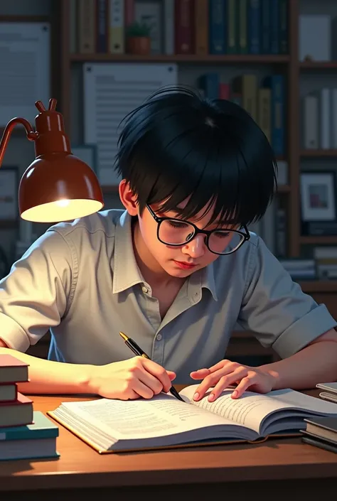 a boy with straight black hair with glasses in his 20s at his desk studying