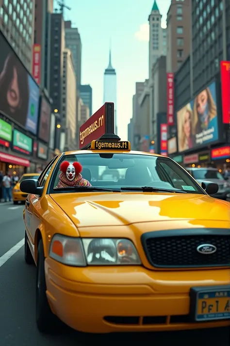 Crée une image photographique en couleur(1024x1792) (personnages en entier) dun yellow cab New-Yorkais conduit par un gentil clown. Sur le toit la publicité annonce TGPMEAUX.FR