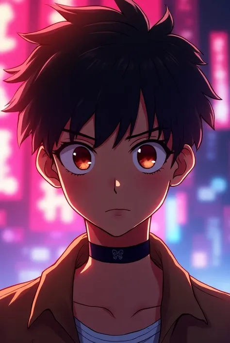 Brown-eyed, brown-skinned 16-year-old boy wears a collar with a gray t-shirt with a neon anime-style background 