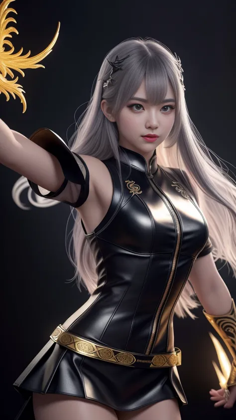 Series girl, A dynamic ninja girl in a white phoenix patterned gold ninja outfit, กางเกง, กระโปรง, ถุงน่อง, dynamic action pose, beautiful detailed eyes, beautiful detailed red lips, extremely detailed eyes and face, long eyelashes, detailed ninja outfit, ...