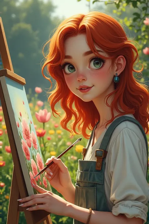 Young redhead with wavy hair , freckles,  who loves to paint in a flower garden ,  was painting when a young Japanese man spots her, surprised, semirealist style