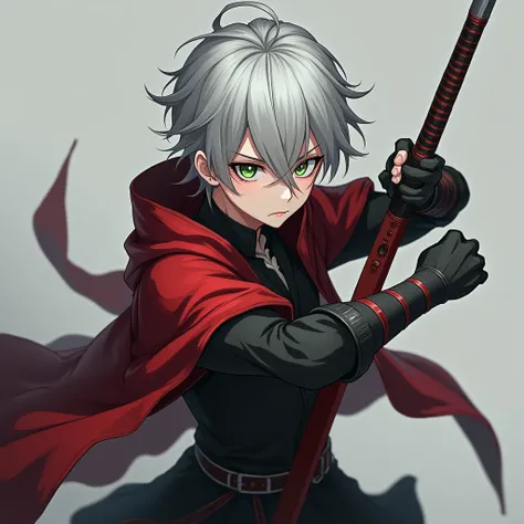 Light gray haired anime boy , green eyes,depressed look,  red eyelashes , snow-white skin ,Fighting pose,  red and black British warrior clothing