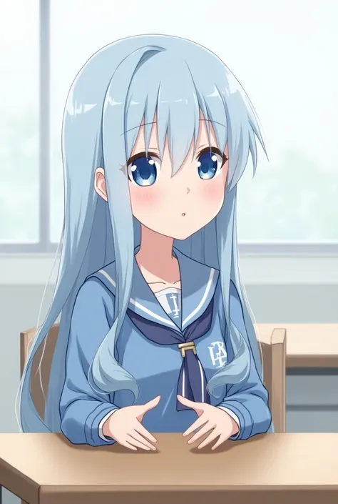 girl with light blue hair ,  long and smooth
Bright blue and blue eyes, sitting at a table and talking
In the UA uniform