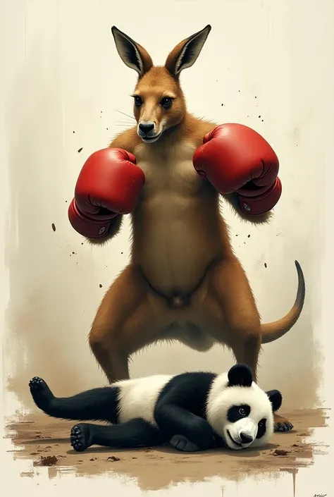 Kangaroo beaten with boxing gloves the kangaroo beats the panda the panda on the floor