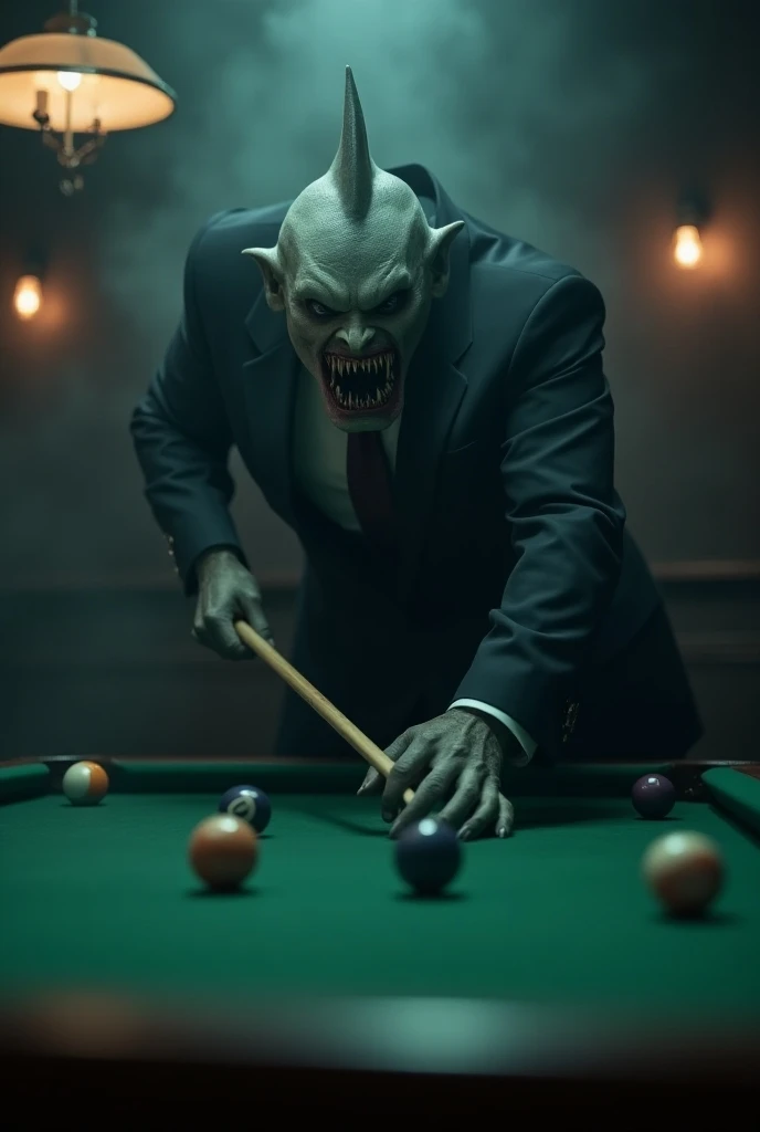 A mix of man and Shark in suit playing blue billiard in Darkness around him is smoke and shadows od Darkness. He holding a stick and trying to shot balls in holes. Scary photo