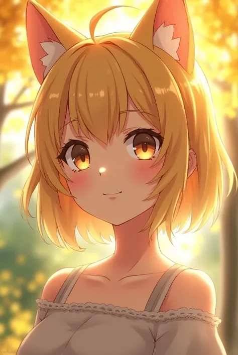 Short hair, Hair, Shiny Hair, blond, Eye Reflection,  with sparkling eyes, Neutral,  golden eyes , Cat ears,  Smile,  blush, Flash,  happy ,  Japanese cartoons ,  Japanese cartoons  style, outdoor, high detail,  movie lights from the waist,  ray tracing, R...