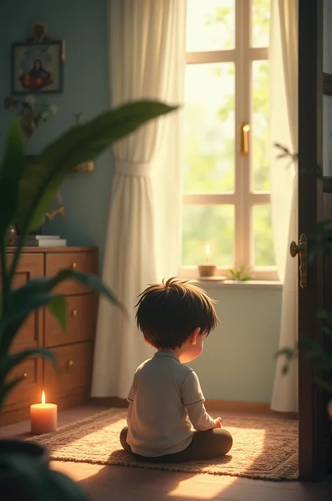 A boy in home taking time out of their day to pray. Peaceful and serene background, contrasting with the busyness of life.