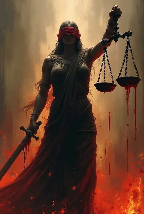 Themis killing the people with his scales . Blindfolded by a bloody shroud .  In the background the map of Europe torn, In blood and fire 