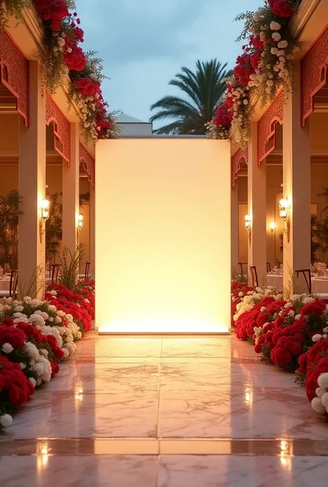 Weeding Venue with many Flowers and a Acryl Board, Shades: Beige Gold and red , frontal and Flowers from the roofs and on the sides, please add some Lights with big Acryl Board in front and a zoom, floeers should be white and red and the floor should be at...