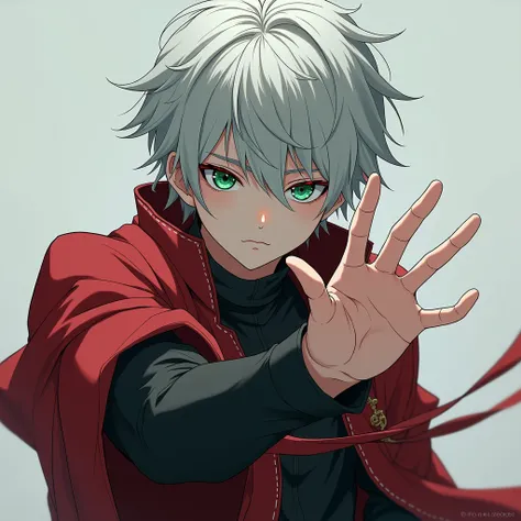 Light gray haired anime boy , green eyes,depressed look,  red eyelashes , snow-white skin ,Fighting pose,  red and black British warrior clothing