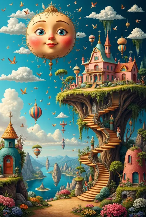 A surrealist masterpiece by Tomasz Setowski, featuring a dreamlike landscape with floating islands, whimsical structures, and vibrant colors. The scene includes a large, abstract face with a smiling expression, a flock of colorful birds, and an intricate, ...