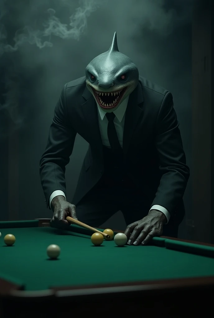 A mix of man and shark in suit playing billiard in the darkness and around him is smoke and shadows od Darkness. He holding a stick and trying to shot balls in holes. 