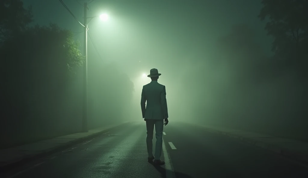 a crossroads surrounded by fog and soft lighting at night. The camera slowly zooms in on a figure in the distance, a black man dressed in a white suit and a white hooligan hat