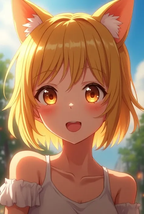 Short hair，Short hair不遮耳，neutral， Hair, Shiny Hair, blond, Eye Reflection,  with sparkling eyes, Squinting eyes,  amber eyes, Cat ears,  Smile,  blush, Flash,  happy , laughing out loud， Japanese cartoons ,  Japanese cartoons  style, outdoor, high detail, ...