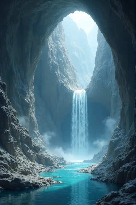 I need an old large closed rock cave deep in the mountain with high walls.  everywhere growing white quartz and a small waterfall allows spring water to flow into a small lake.  The whole cave radiates an aura of magic and mysticism  