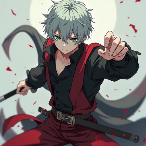 Light gray haired anime boy , green eyes,depressed look,  red eyelashes , snow-white skin ,Fighting pose,  red and black British warrior clothing