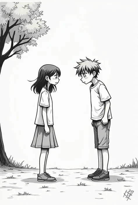 Create a manga type of drawing Standing outside by a tree, the girl gathers the courage to speak to her boyfriend, her voice laden with worry and sadness. She tries to share her concerns, but the boy is overwhelmed, a mix of shock and frustration evident o...