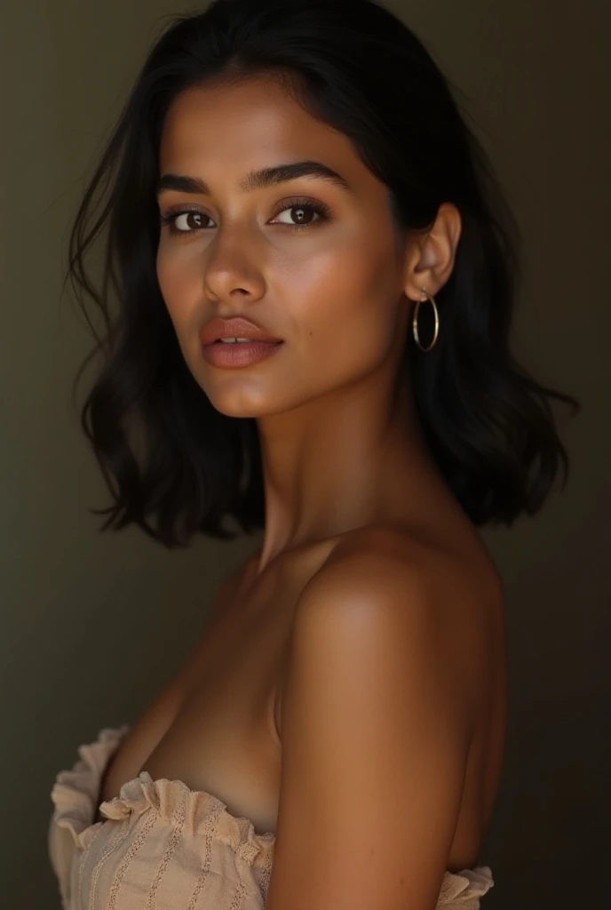 Une jeune fille métisse indienne visage ronde, With a brown complexion brown eyes. With medium noses ,  brown eyes .  not thin as well as a big but not too big lip {x} She has a harmonious silhouette with elegant proportioned breasts., ainsi que de belles ...