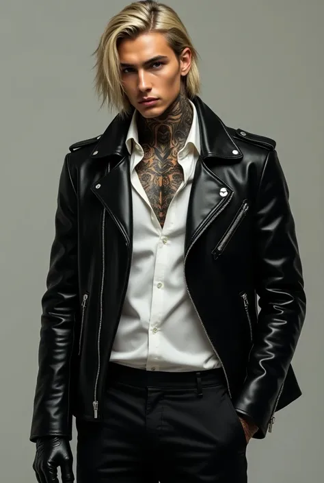 White Latin American male, American, blond with black leather jacket ,  black gloves , white shirt and black pants and tattoos on the neck.