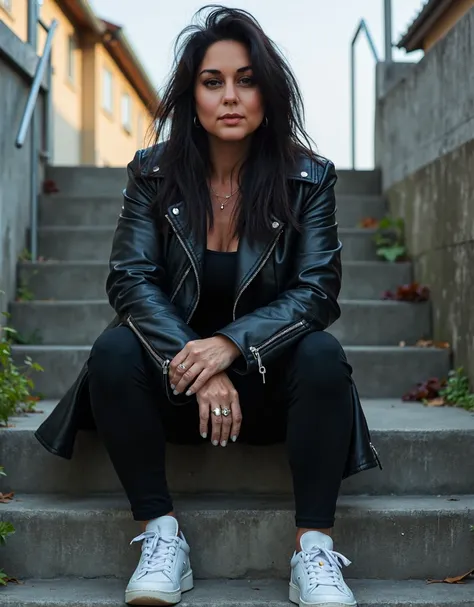 Super real photo,Long shot, woman (44 year old), ( long dark hair ), (moderately curvy figure), ( refrigerator of short stature), woman sitting on steps wearing a black Leather Jacket and white sneakers,  she wears streetwear , cute  casual streetwear , sh...