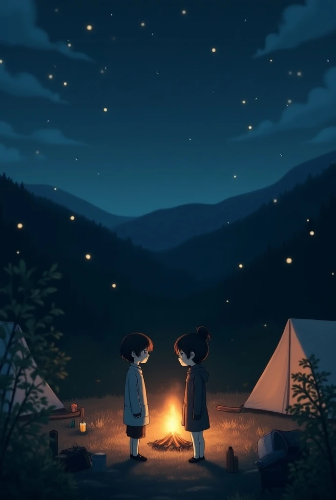 It generates two people of the opposite sex chatting on a campsite at night with fireflies on a mountain with sad anime-style tones 