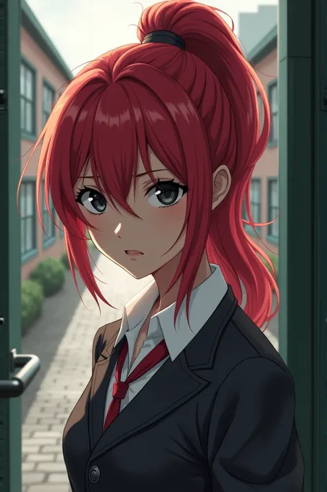 Anime girl, red hair, ponytail, black eyes, cold expression, school setting