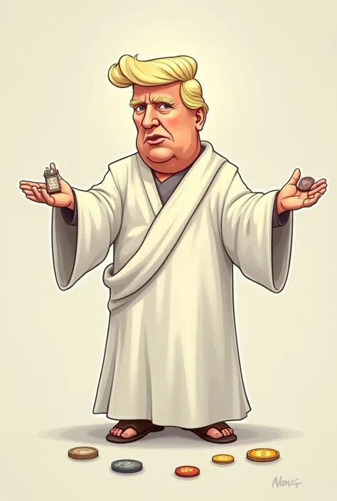 Generate a cartoonish image of trump in a Jesus costume and holding bitcoin and other crypto currency in his hands 