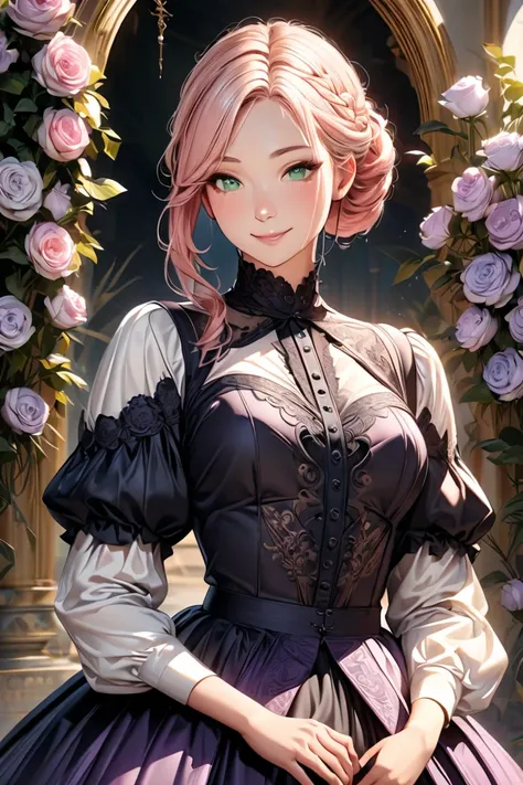 Hyperrealistic and detailed portrait of a beautiful anime-style woman with pale pink hair styled in an elegant, flower-adorned updo. She has a delicate and expressive face, with large, bright green eyes, fine arched eyebrows, and a soft, dreamy smile. She ...