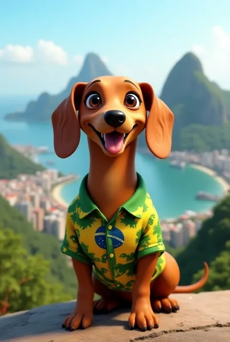 Smiling dachshund wearing a Brazilian shirt against a background in Rio de Janeiro that looks real in 3D 