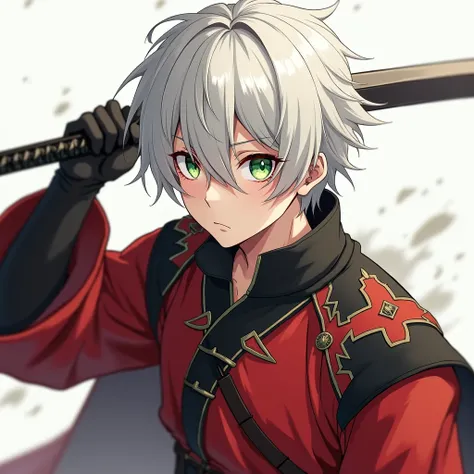 white haired anime boy, green eyes,depressed look,  red eyelashes , snow-white skin ,Fighting pose, British warrior clothing red and black MeinaHentai style