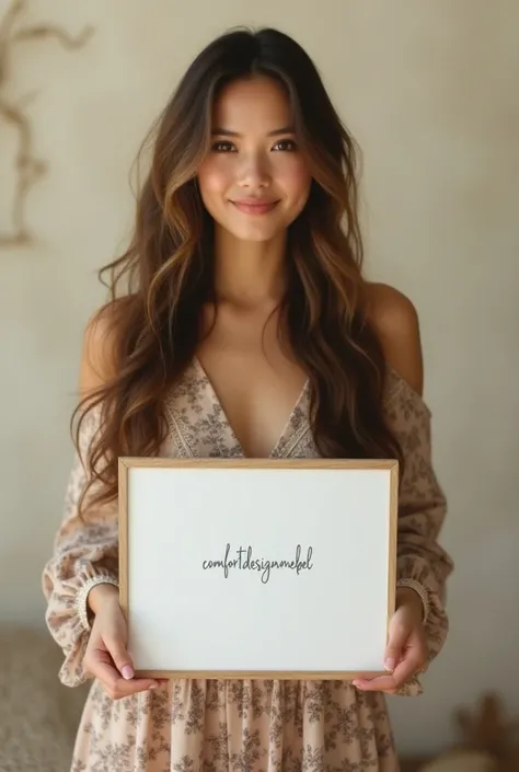  Beautiful girl with long wavy hair in a bohemian dress, holding a white board with writing "ComfortDesignMebel" and showing it to the viewer