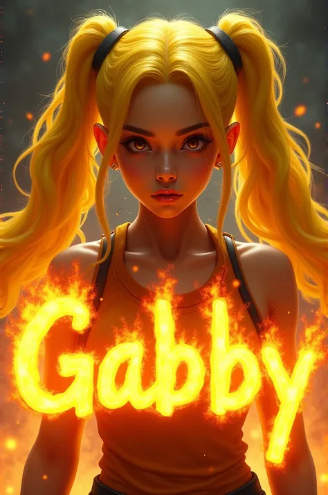 Royal yellow pigtails with Gabbys name down with flames of fire