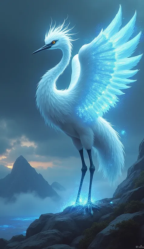 A majestic crane-like creature, infused with taffeite energy patterns, stands tall in a mystical, stormy landscape. Its flowing, ethereal fur glows with a radiant energy, blending seamlessly with the surrounding winds. The creatures form is a powerful fusi...