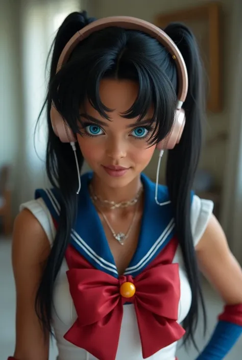 ( masterpiece ,  style better quality), model zoe saldana, wearing Sailor Moon , very erotic, hairstyle with pigtails,  costume perfect body with great sexual attributes,  blue-eyed headphones, platinum jewelry, impeccable sailor clothing, air,  cosplay sa...