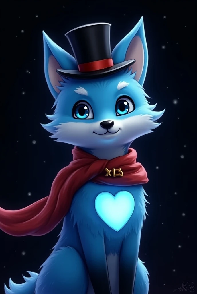 Happy light blue Kemono male fox ( blue eyes ), Light blue fox, Sherbert Collar ,  Arabian Keffiyeh Scarf - Red and Black , vintage camera, Luxury black crimson top hat,  a neon blue heart in the middle of the chest ,  flashes of blue light starry black ba...