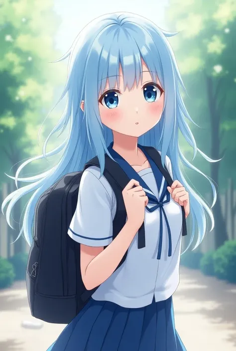 girl with light blue hair ,  long and smooth
Bright blue and blue eyes, walking with a backpack
In the UA uniform