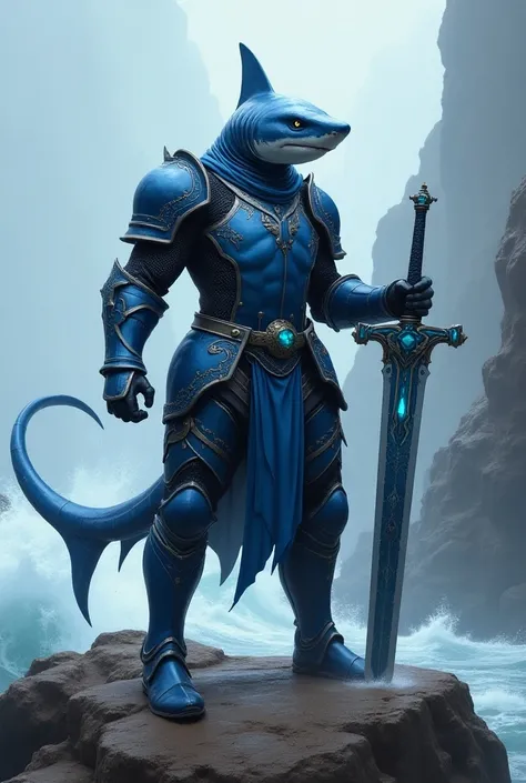  Image of a hammerhead shark in combat posture with warrior armor holding a long sword, the sword has a double silver blade with a black center line ,  the swords fist is blue with a blue stone in the center  ,  the armor consists of 3 shades of blue with ...