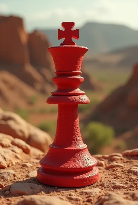 Create red pawn from a board game with an earthen landscape in the back