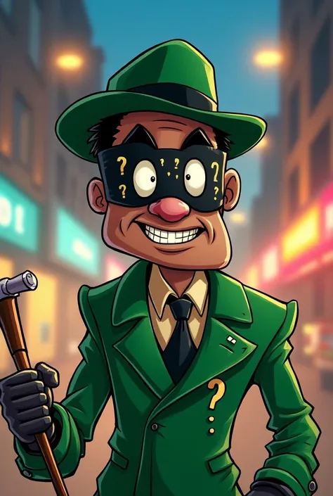 Generate a cartoonish image of p diddy in the riddler costume 