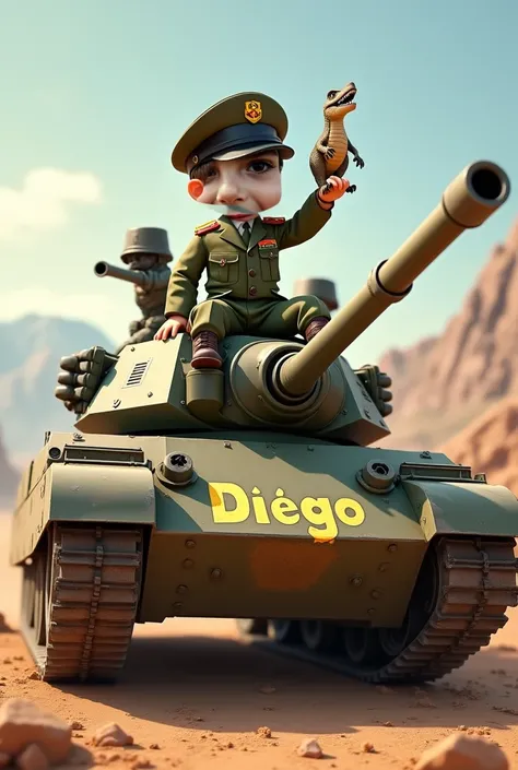 Boy dressed as a member of the Spanish army ,   riding a tank with the name written Diego and a dinosaur toy