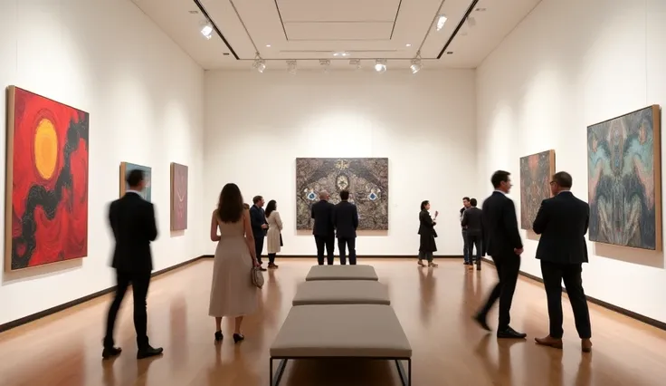 An elegant art gallery interior with pristine white walls adorned with an array of vibrant paintings and sophisticated modern sculptures. Soft, diffused lighting illuminates each artwork, highlighting textures and colors in rich detail. Visitors, dressed s...