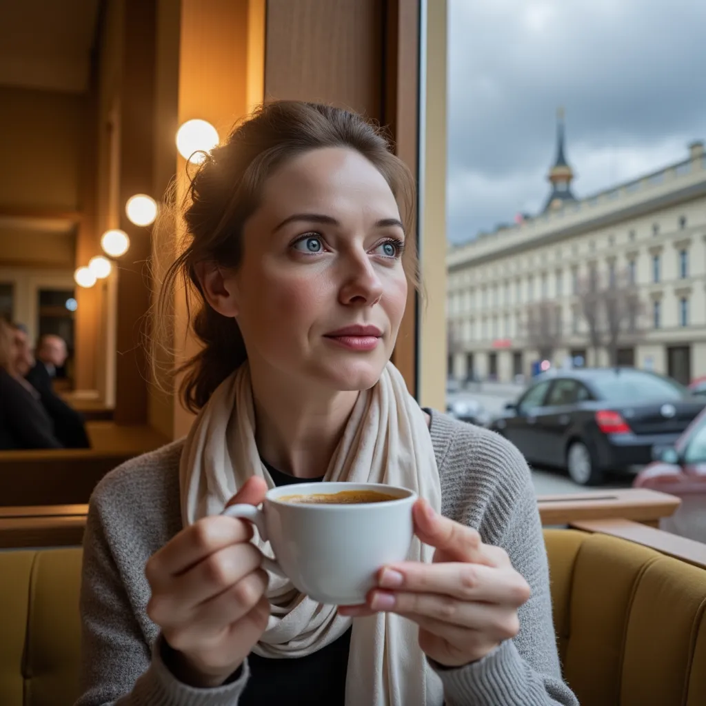 photo of a middle-aged woman, around 45 years old, sitting in a cozy café in saint petersburg with a warm cup of coffee in her h...