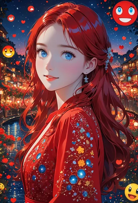 Girl in a natural night setting wearing a red dress with long shiny red hair and blue eyes in a background of a setting full of emojis
