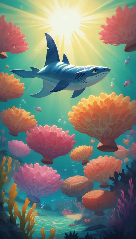 " A majestic shark and a graceful turtle swimming side by side in crystalline tropical waters. The shark, with its powerful silhouette ,  moves with agility alongside the turtle ,  that glides calmly between colorful coral reefs .  Sun rays penetrate the s...